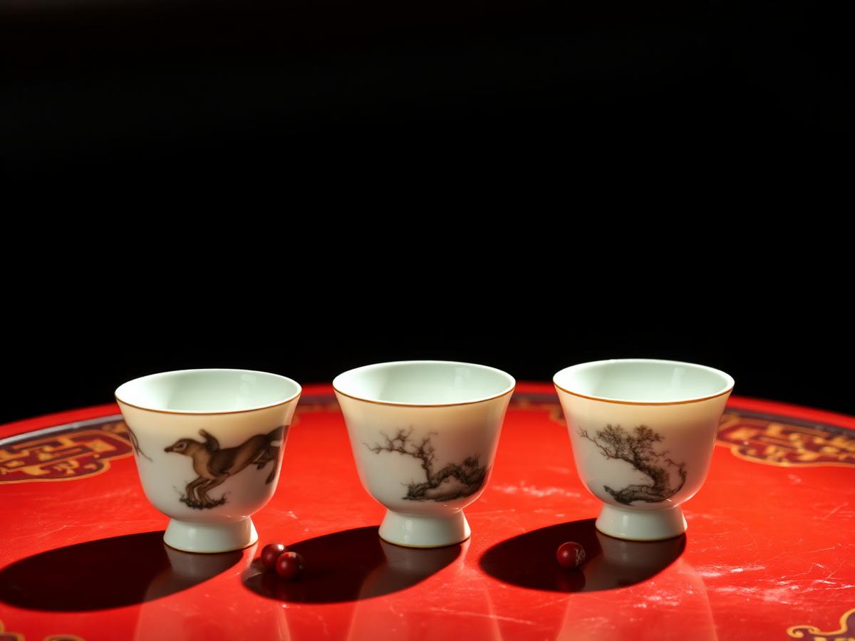 Drei Porzellan-Becher auf rotem Lacktisch — chinesisches Becherspiel